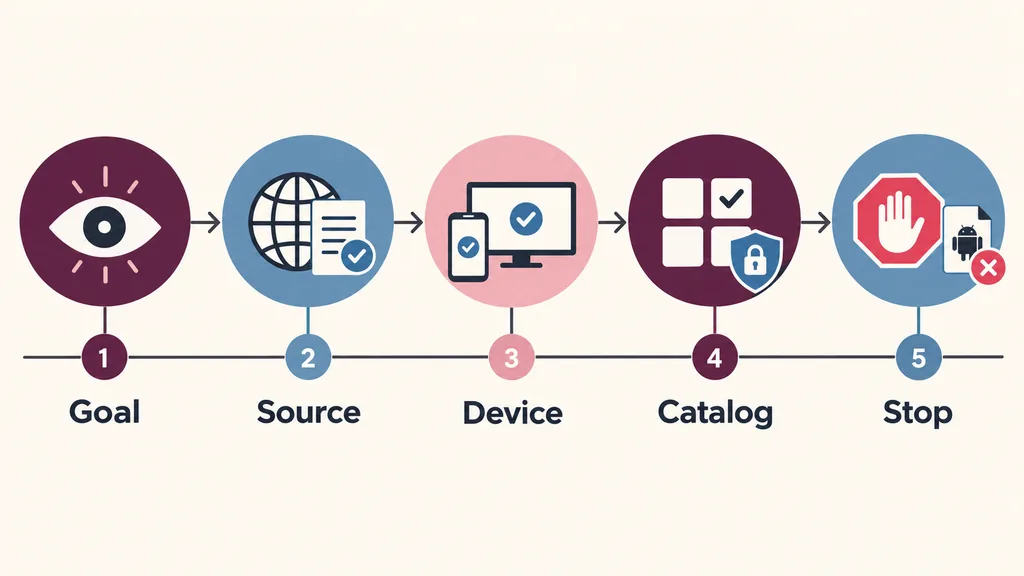 Editorial source-first flow from viewing goal to official source, device check and stop decision