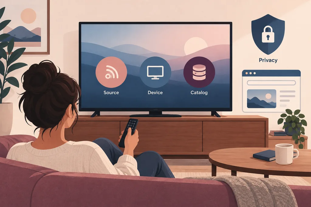 Editorial illustration of a viewer choosing between verified streaming routes on a television