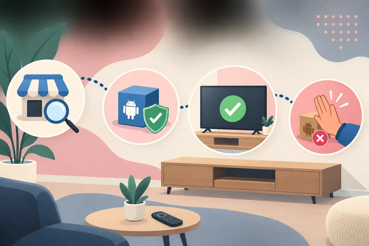 Editorial concept showing store verification, package identity, TV compatibility and stopping an unverified download
