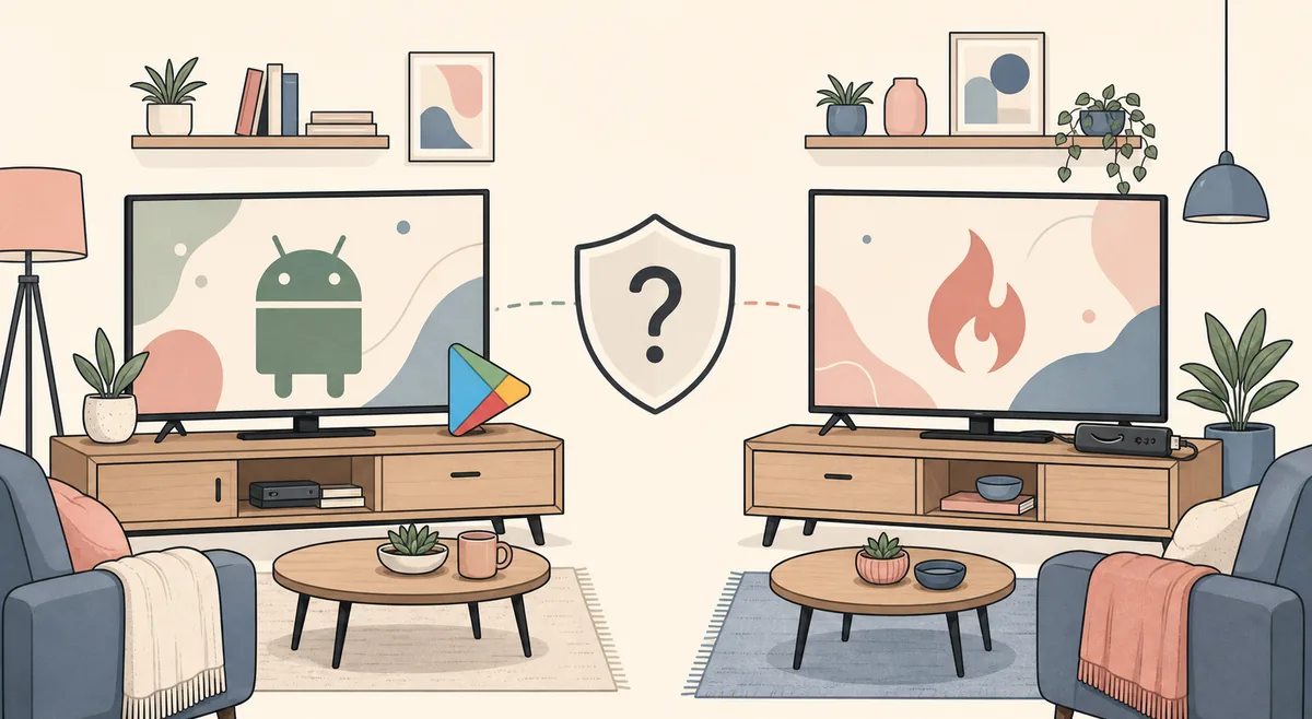 Editorial concept comparing Android TV and Fire TV as separate device compatibility checks
