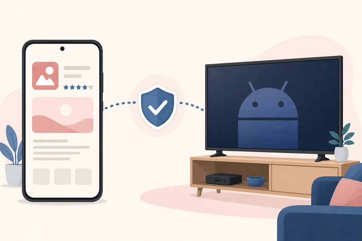 Editorial illustration connecting a phone app listing to an Android TV with a verification shield