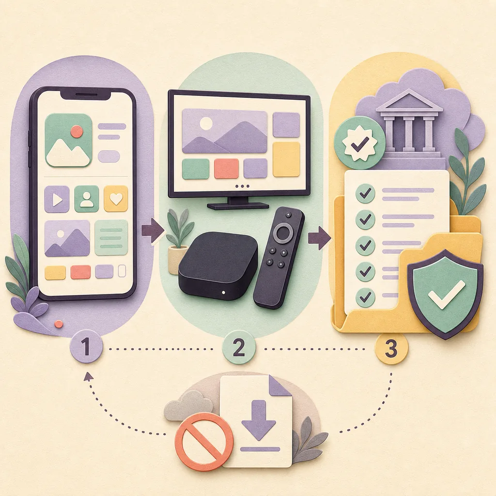 Concept illustration showing phone, TV device and verified source checks with an unverified download blocked