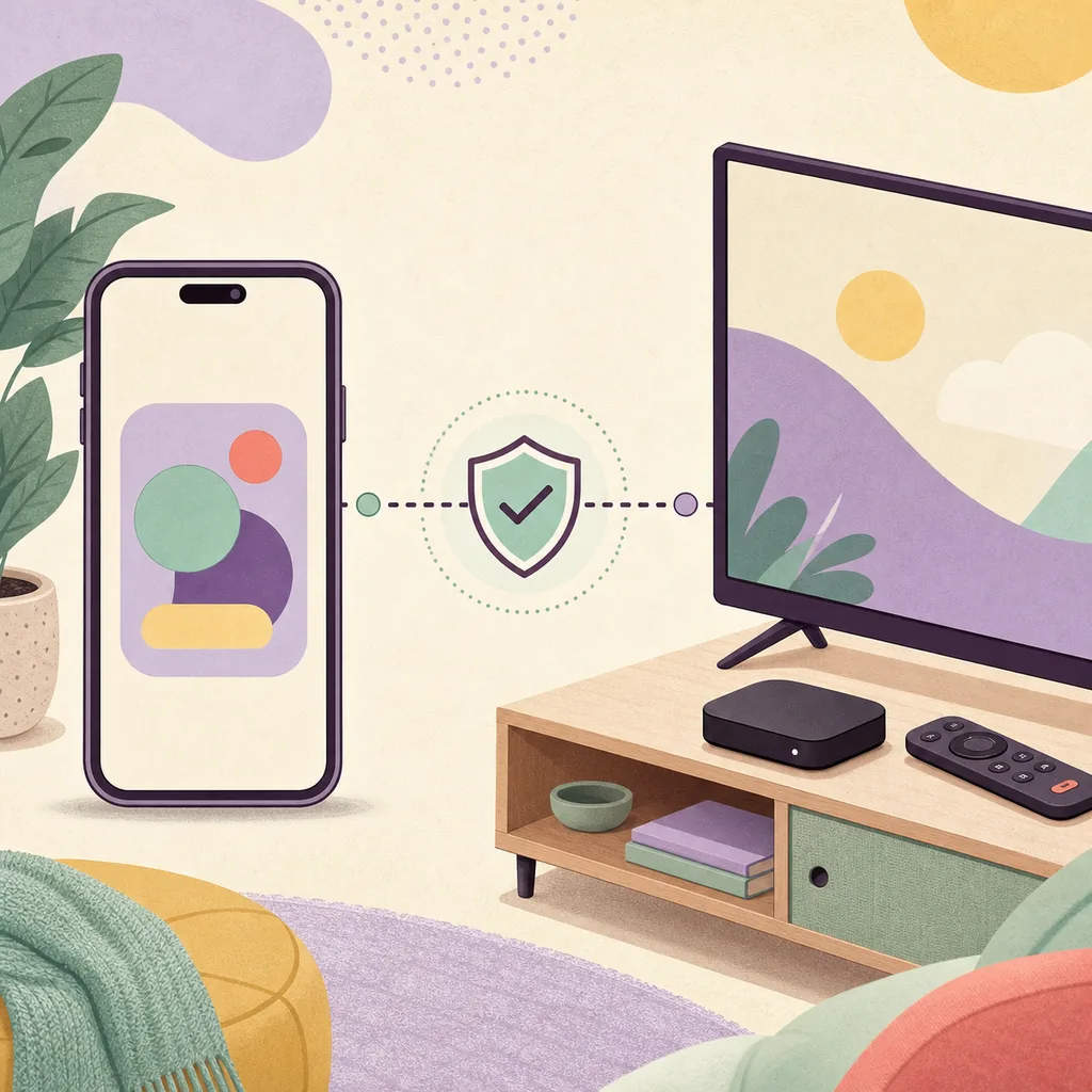 Editorial illustration of a phone, television and shield connected by a verification path