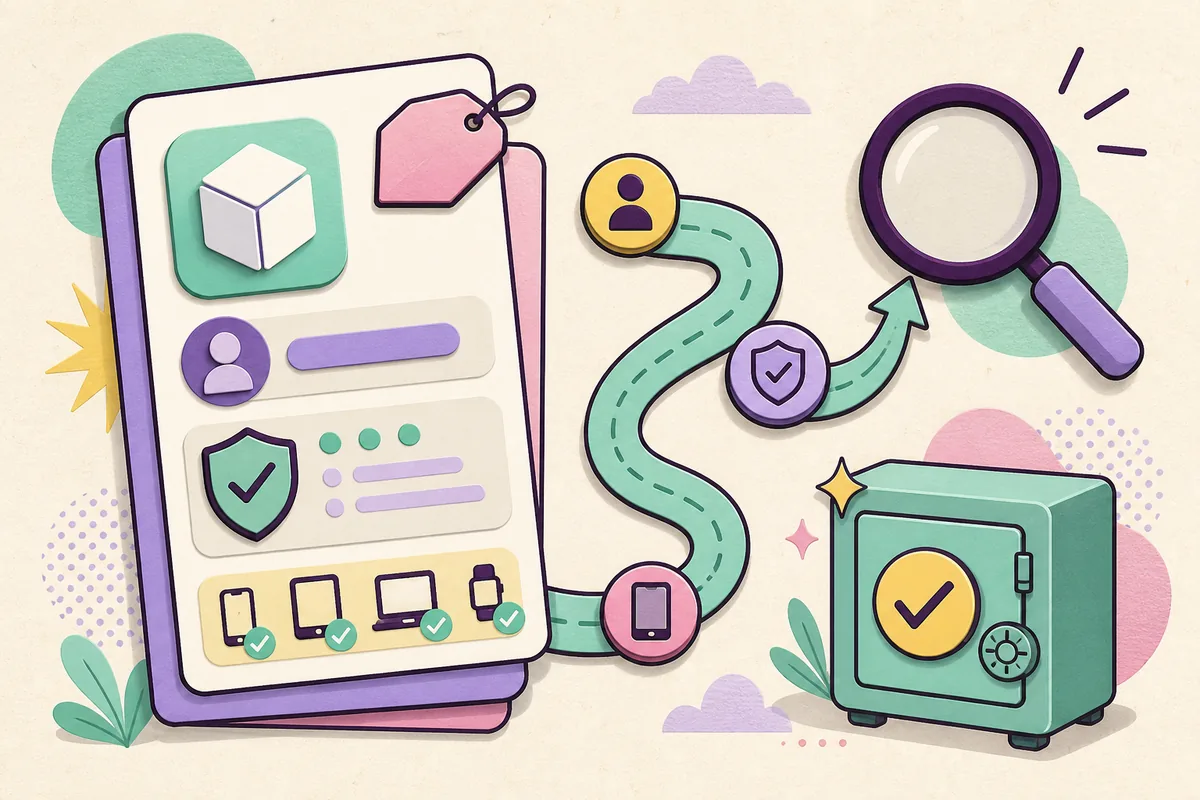 Editorial illustration of an app identity card, package marker, device compatibility checks and a magnifying glass