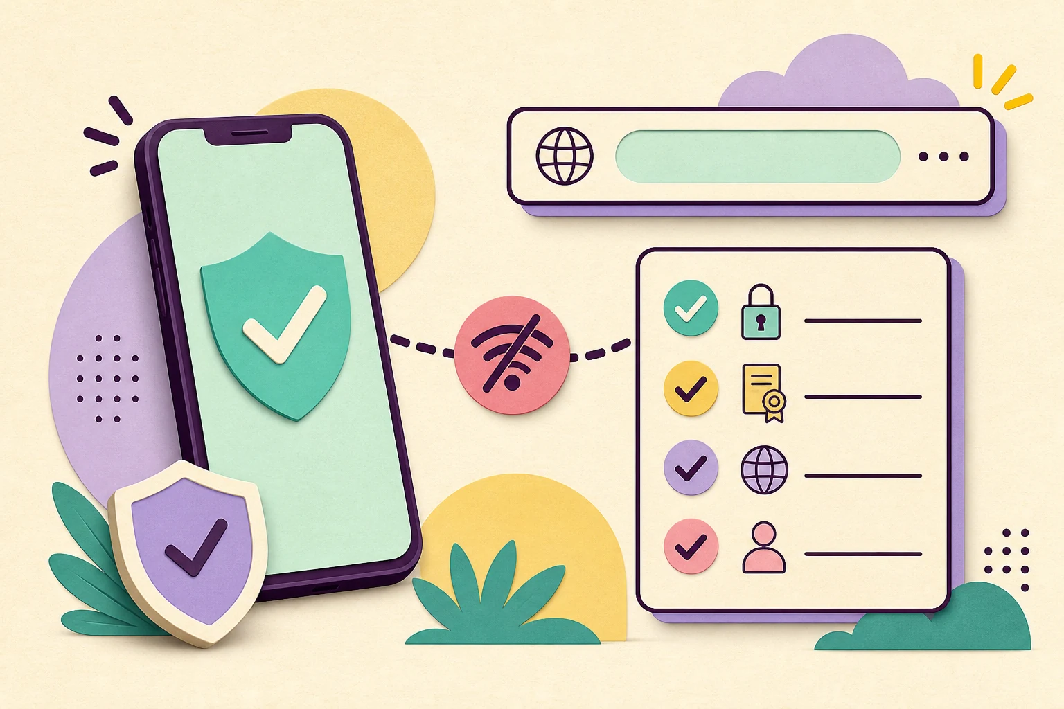 Editorial illustration of a phone, a broken connection symbol and a safety checklist for checking an app source